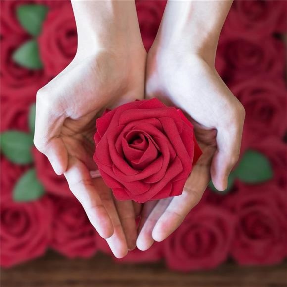 50Pcs Red Roses Artificial Flowers, Dark Red Fake Real Looking Foam Rose Wedding - Picture 11 of 12
